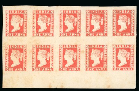 Stamp of India » 1854 Lithographs Spence 49: 1a vermilion on yellowish wove paper in block of ten