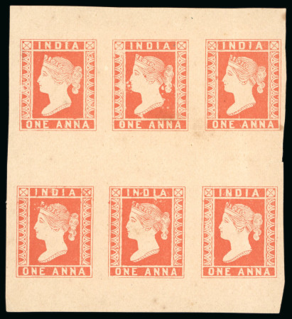 Stamp of India » 1854 Lithographs Spence 53: 1a orange-red on yellowish wove paper in block of six