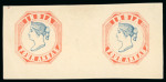 Stamp of India » 1854 Lithographs Spence 57: 4a red and blue on medium white wove paper in pair with "SPECIMEN" printed on the reverse of each impression