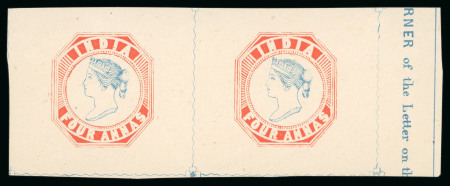 Stamp of India » 1854 Lithographs Spence 64: 4a vermilion and pale blue on yellowish wove paper right marginal pair
