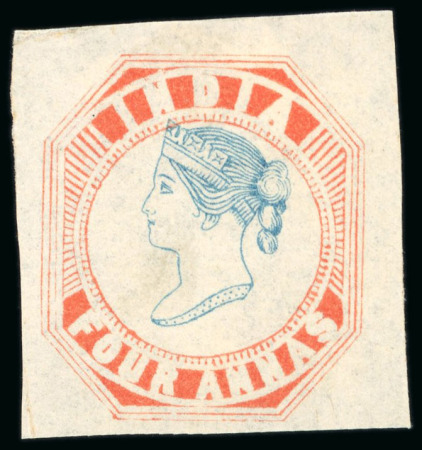Stamp of India » 1854 Lithographs Spence 67: 4a vermilion and pale blue on thin yellowish (almost pelure) paper, pos.6 and pos.10 singles