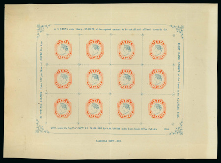 Stamp of India » 1854 Lithographs Spence 64: 4a vermilion and pale blue on yellowish wove unwatermarked paper in complete sheet of 12