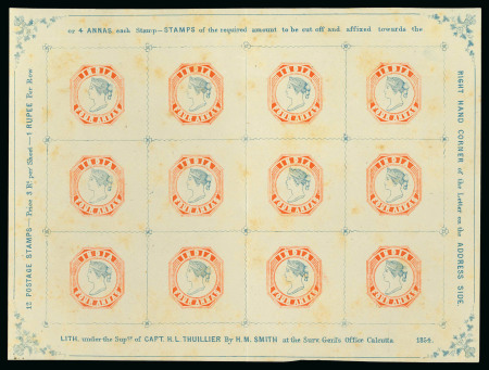 Stamp of India » 1854 Lithographs Spence 64: 4a vermilion and pale blue on yellowish wove unwatermarked paper in sheet of 1