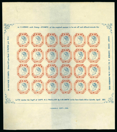 Stamp of India » 1854 Lithographs Spence 41: 4a Brown red and dark blue on thin yellowish (almost pelure) paper in complete sheet of 24