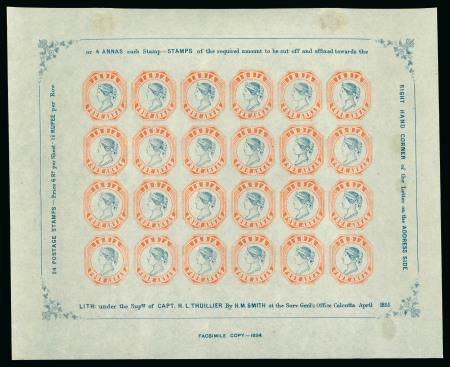 Stamp of India » 1854 Lithographs Spence 39: 4a vermilion and pale blue on thin yellowish (almost pelure) paper in complete sheet of 24