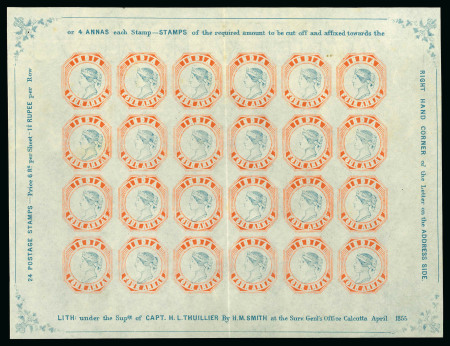 Stamp of India » 1854 Lithographs Spence 39: 4a vermilion and pale blue on thin yellowish (almost pelure) paper in sheet of 24