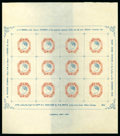 Stamp of India » 1854 Lithographs Spence 69: 4a brown-red and dark blue on thin yellowish (almost pelure) paper complete sheet of 12