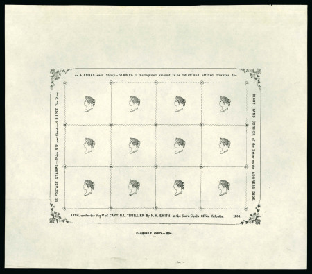 Stamp of India » 1854 Lithographs Spence 76: 4a Heads only in black on white wove paper with wavy lines and rosettes in complete sheet of 12