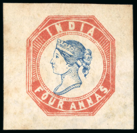 Stamp of India » 1854 Lithographs 4a blue and red on yellowish paper with "Coat of Arms" sideways watermark, Head die III, Frame die II