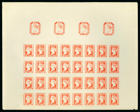 Stamp of India » 1854 Lithographs Spence 21: 2a vermilion on yellowish wove paper in row of four se-tenant with 1a (Spence 50) block of 32