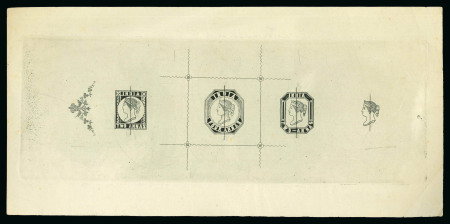 Stamp of India » 1854 Lithographs 1a square design, 4a with wavy lines and rosettes , 2a octagonal design and 4a head only se-tenant in row of four in black, each defaced