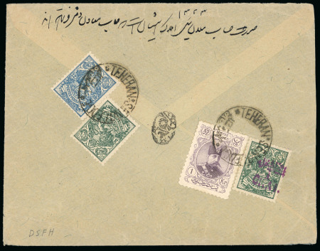Stamp of Persia » 1896-1907 Muzaffer ed-Din Shah (SG 113-297) 1902-04 Portrait Issue 1K, 12ch and 3ch plus 1905-06 1 CHAI on 3ch tied on reverse of envelope by "TEHERAN SENGLEDGE" cancel