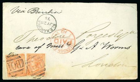 Stamp of Egypt » British Post Offices » Alexandria 1874 Envelope to London, franked GB 4d orange, plate