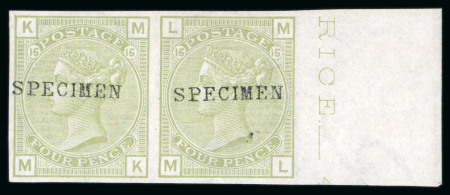 Stamp of Great Britain » 1855-1900 Surface Printed » 1873-80 Large Coloured Corner Letters 1873-80 4d Sage-Green pl.15 imperforate horizontal pair with "SPECIMEN" type 9 overprint