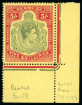 Stamp of Bermuda 1938-53 5s dull yellow-green and red on yellow, chalk-surfaced paper, perf.14 1/4, showing variety "broken lower right scroll"