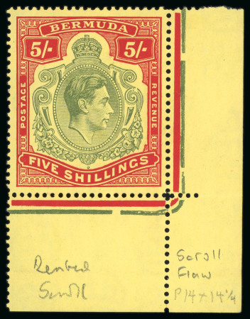 Stamp of Bermuda 1938-53 5s dull yellow-green and red on yellow, chalk-surfaced paper, perf.14 1/4, showing variety "broken lower right scroll"