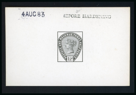 Stamp of Great Britain » 1855-1900 Surface Printed » 1883-84 Lilac & Green Issue 1883-84 Lilac & Green issue 1 1/2d die proof in black on white glazed card