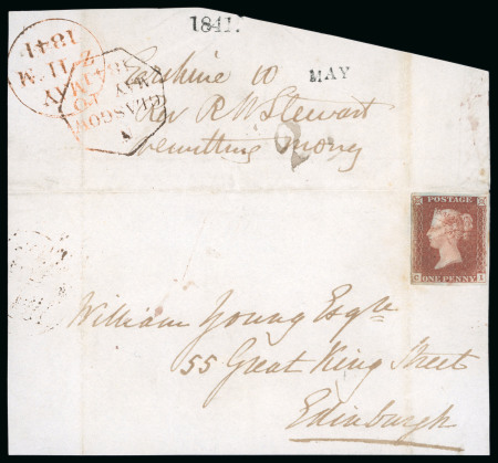 Stamp of Great Britain » 1840 1d Black and 1d Red plates 1a to 11 1841 1d Red pl.11 CI on part cover (front and top flap) from Glasgow to Edinburgh (Scotland) lightly cancelled by a red MC