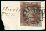 Stamp of Great Britain » 1840 1d Black and 1d Red plates 1a to 11 1841 1d Red-Brown pl.9 DB, just touched at top, tied to small piece by black MC and "Haslingden / Penny Post" hs in watery brown