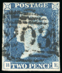 Stamp of Great Britain » 1840 2d Blue (ordered by plate number) 1840 2d steel blue pl.1 BE, close to good margins, neatly cancelled by 1844-type "203" numeral of Chulmleigh