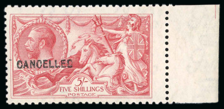 Stamp of Great Britain » King George V » 1913-19 Seahorse Issues 1920 5s Rose red (23mm printing) mint n.h. right hand marginal example on simple cypher experimental paper overprinted "CANCELLED"