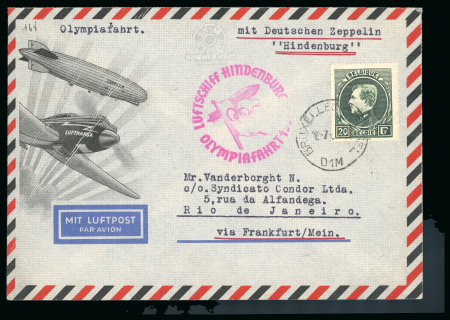 Stamp of Olympics » 1936 Berlin » 1936 Hindenburg Olympic Flight Belgium: 1936 (Jul 18) Pictorial airmail envelope sent with 20c tied by Brussels cds with Olympiafahrt cachet adjacent