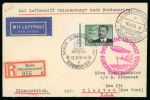 Stamp of Olympics » 1936 Berlin » Special Postmarks 1936 (Aug 12) Envelope sent registered by Hindenburg Zeppelin with 2M airmail tied by Olympic Village "bell" pictorial cancel