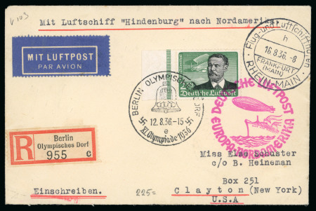 Stamp of Olympics » 1936 Berlin » Special Postmarks 1936 (Aug 12) Envelope sent registered by Hindenburg Zeppelin with 2M airmail tied by Olympic Village "bell" pictorial cancel