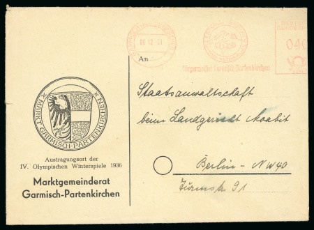 Stamp of Olympics » 1940 Garmisch-Parternkirchen (Cancelled) 1940 Garmisch-Partenkirchen meter mark on envelope from the Garmisch Market Council with legend for the 1936 Games
