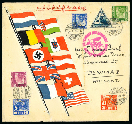 Stamp of Olympics » 1936 Berlin » 1936 Hindenburg Olympic Flight Netherlands Indies: 1936 (Jul 25) Envelope with 6-stamp franking tied by Batavia cds, with Hindenburg Olympiafahrt cachet adjacent