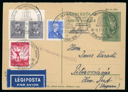 Stamp of Olympics » 1936 Berlin » Special Postmarks 1936 (Jul 6) Hungarian 10f postal stationery card with uprated franking all cancelled by the Olympic Bell "Olympische Dorf" cancellation