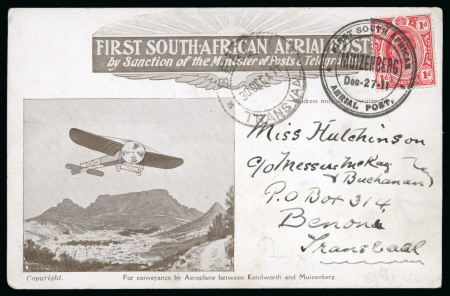 Stamp of South Africa » Transvaal 1911 (Dec 27) First South African Aerial Post souvenir card with Transvaal 1d tied by Muizenberg special cds