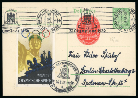 Stamp of Olympics » 1936 Berlin » Vignettes Group of six covers/cards incl. 5pf postal stationery card with Olympic Bell and poster vignettes in German tied by Olympic Village cancels