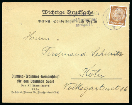 Stamp of Olympics » 1936 Berlin 1935 (Apr 1) Printed envelope for the "Olympic Training Community" in Köln, with printed header "RE: The Special Trip to Berlin"