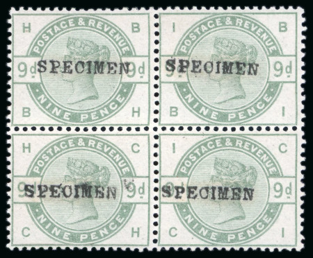 Stamp of Great Britain » 1855-1900 Surface Printed » 1883-84 Lilac & Green Issue 1883-84 9d dull green 9d with "SPECIMEN" type 9 overprint in mint block of four
