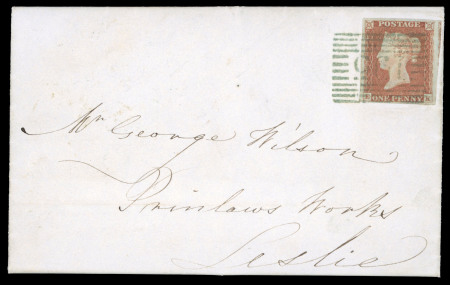 Stamp of Great Britain » 1841 1d Red 1848 (May 30) Entire from Kettle to Leslie (Scotland) with 1841 1d red-brown tied by a superb green "195" Scottish numeral of Kettle
