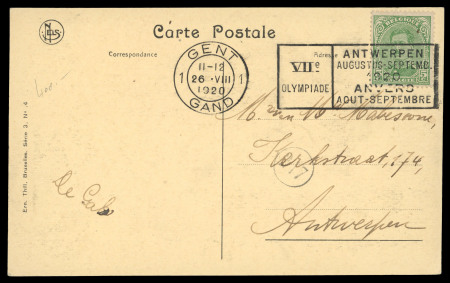 Stamp of Olympics » 1920 Antwerp GENT 1: 1920 (Aug 26) Postcard with 5c tied by a crisp strike of the scarce "GENT / 1 / GAND" Olympic slogan machine cancel