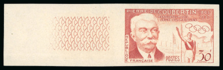 Stamp of Olympics » Pierre de Coubertin and the IOC MONACO: 1963 Coubertin Centenary 1F colour trial in vertical marginal strip of five in different colours, plus France 30F colour trial single in red-brown