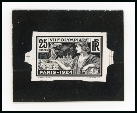 Stamp of Olympics » 1924 Paris » Essays and Proofs 1924 Paris 25c rejected die proof showing clouds in the background and no "FRANCE" under value, in black on glossy paper with surround