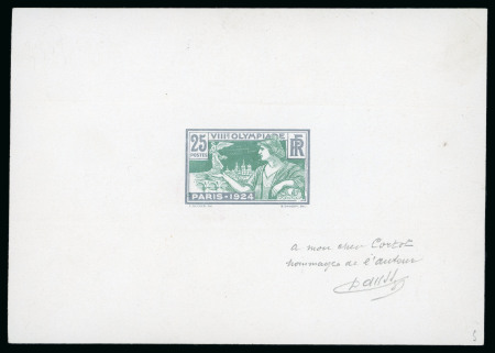 Stamp of Olympics » 1924 Paris » Essays and Proofs 1924 Paris 25c rejected die proof showing clouds in the background, no "FRANCE" under value and no plants in lower left corner, in grey & green on gummed paper