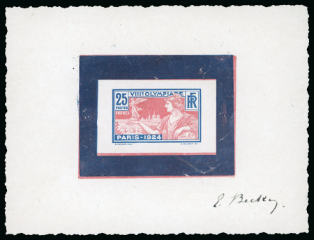 Stamp of Olympics » 1924 Paris » Essays and Proofs 1924 Paris 25c die proof showing the accepted design in red and dark blue on glossy paper with surrounds in both colours, signed by the designer
