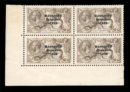 Stamp of Ireland » 1927-28 Wide Date Overprints (T72-T74) 1925-28 2s6d chocolate-brown mint bottom left corner marginal block of four, showing position R9/2 with FLAT ACCENT