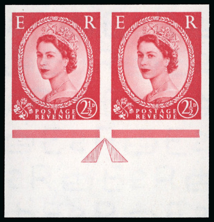 Stamp of Great Britain » Queen Elizabeth II 1952 Wildings 2 1/2d Carmine-red (wmk Tudor Crown, type I) imperforate imprimatur in lower marginal horizontal pair