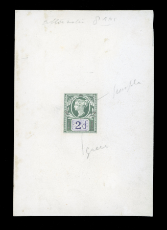 Stamp of Great Britain » 1855-1900 Surface Printed » 1887-1900 Jubilee Issue & 1891 £1 Green 1884 2d Jubilee hand painted essay in purple and green on card
