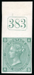 Stamp of Great Britain » 1855-1900 Surface Printed » 1867-80 Large Uncoloured Corner Letters, Wmk Spray of Rose 1873 1s Green pl.7 imperforate imprimatur, mint o.g. top marginal showing current number "383"