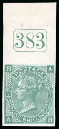 Stamp of Great Britain » 1855-1900 Surface Printed » 1867-80 Large Uncoloured Corner Letters, Wmk Spray of Rose 1873 1s Green pl.7 imperforate imprimatur, mint o.g. top marginal showing current number "383"