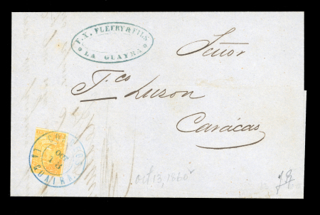 Stamp of Venezuela 1859 1/2r yellow, first coarse printing, tied by La Guaira cds on Oct. 13, 1860 entire letter to Caracas