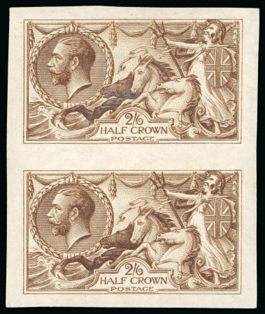 Stamp of Great Britain » King George V » 1913-19 Seahorse Issues 1915 De La Rue Seahorses 2s6d imperforate colour trial in yellow-brown in vertical pair, original gum