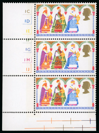 Stamp of Great Britain » Queen Elizabeth II 1969 Christmas 1s6d with DEEP SLATE OMITTED (face value and detailing) in mint lower left corner marginal cylinder vertical strip of three