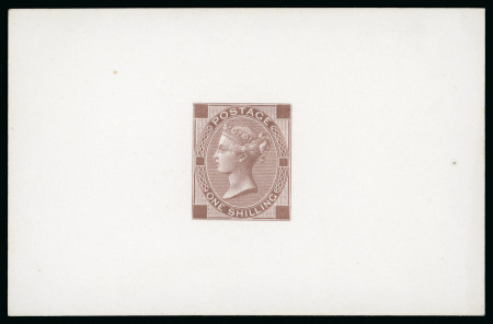 Stamp of Great Britain » 1855-1900 Surface Printed » 1867-80 Large Uncoloured Corner Letters, Wmk Spray of Rose 1870 1s Die proof printed in brown on white matt card (92x60mm), produced by De La Rue for display at the 1870 International Exhibition